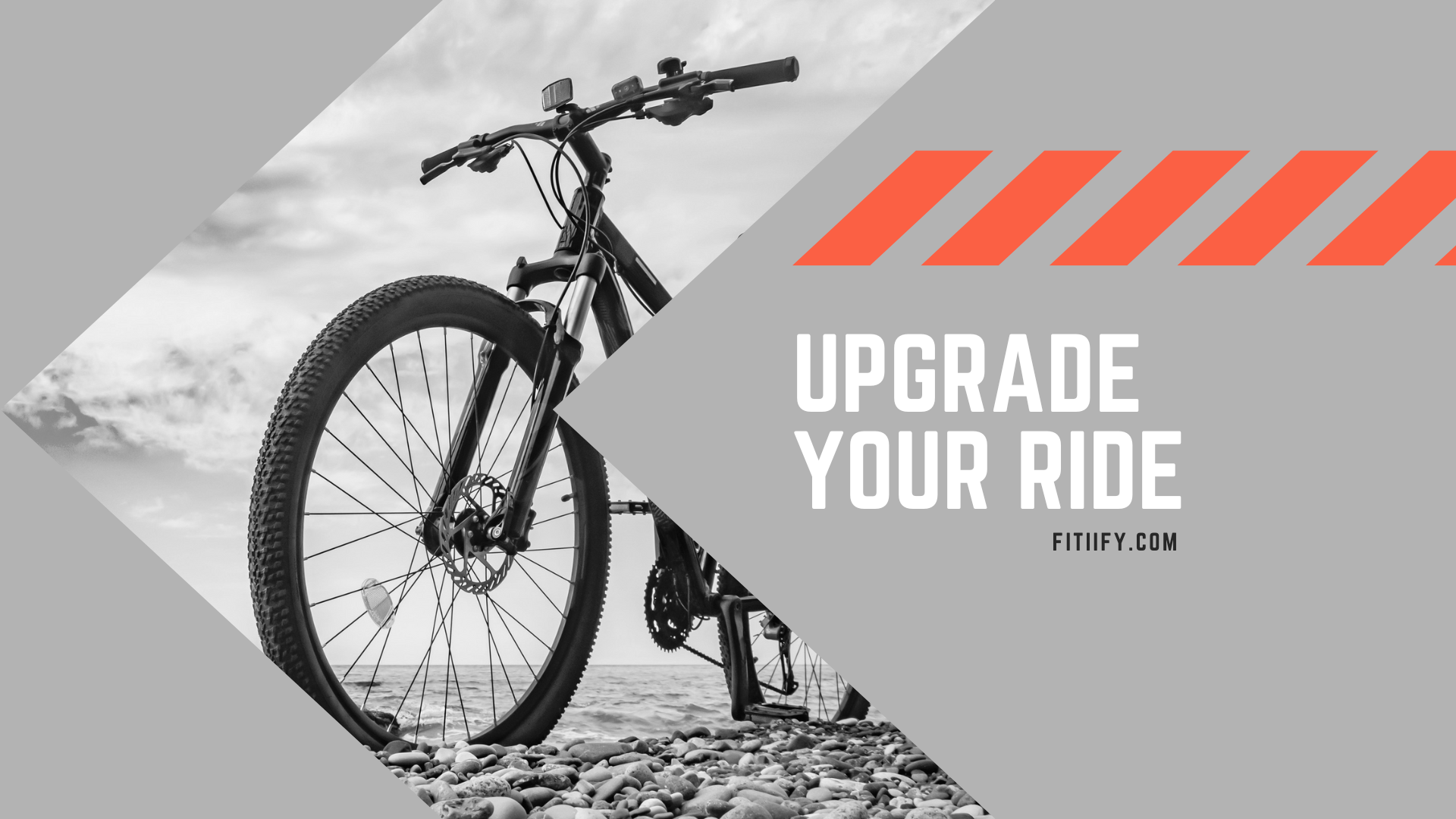 Bicycle on a rocky path with promotional text 'Upgrade Your Ride' and website 'fitiify.com'.